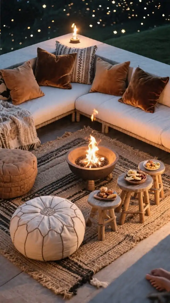 Detail overhead shot of a low lounge: layered outdoor jute rug with oversized floor cushions and poufs in mixed textures; velvet-look outdoor pillows in earthy tones; a small fire bowl/tabletop fire pit centered; stacking stools used as mini tables with snacks; weatherproof fabrics visible; barefoot boho vibe under starlight with soft ember illumination; tight composition focusing on textures and layering.