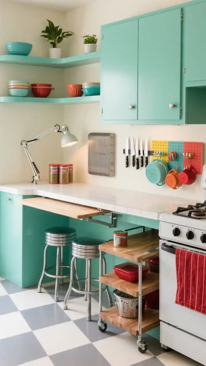 Detail/overhead shot, Retro Color Pop With Rolling Zones: An overhead vignette showing a checkerboard vinyl floor in cream and gray, the rounded-edge laminate counter, and a mint-green cabinet front with chrome cup pulls. Include a wall-mounted fold-down table partially open with two stackable stools tucked beneath, a rolling butcher-block cart parked nearby. On the fridge side, magnetic spice tins and a magnetic knife strip with knives aligned; a vertical sheet pan organizer visible at cabinet end. Curved floating corner shelves with bowls and a small plant, and a colorful pegboard near the stove neatly sorting colanders and measuring cups by size. Add a clipped-on gooseneck task lamp casting targeted light. Palette: mint, cream, chrome, cherry red accents; bright, playful lighting, photorealistic.