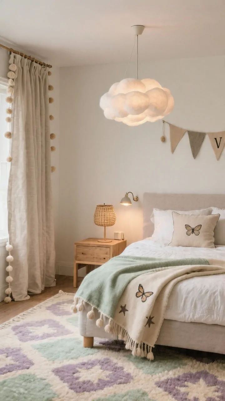 Detail-rich medium shot focusing on textiles and lighting: A patterned area rug in soft sage, dusty lavender, and warm beige anchoring the scene; curtains in a neutral linen with playful pom-pom trim. A statement pendant with a cloud-like, softly diffused shade overhead, complemented by a small rattan table lamp on a natural wood nightstand. Personalized touches: a felt name pennant on the wall and an initial pillow on the bed. Subtle butterfly and star motifs echoed across a throw and a cushion. Three-layer lighting visible: overhead pendant, a small reading/task lamp, and a gentle ambient night light. All fabrics appear washable, photorealistic textures.