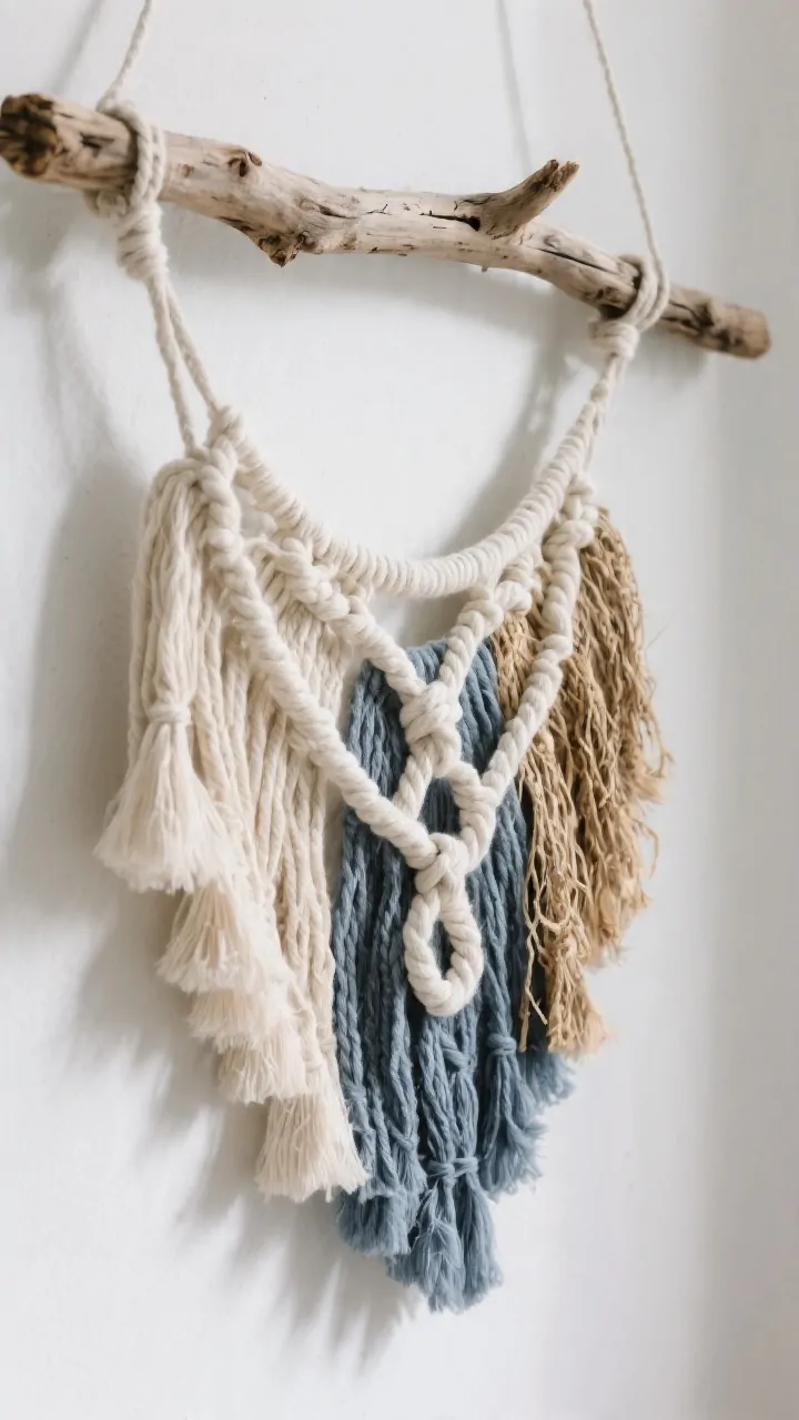 Detail shot of a boho-meets-coastal driftwood and cotton tassel wall hanging; a medium driftwood branch supports layered strands in three tones ivory, sand, and slate blue looped with lark’s head knots; mixed textures of chunky rope, thinner yarn, and raffia create depth; fringe trimmed into a soft V shape and gently combed for fluffiness; captured close with raking light to accentuate fiber texture and the driftwood’s weathered grain, against a clean white wall