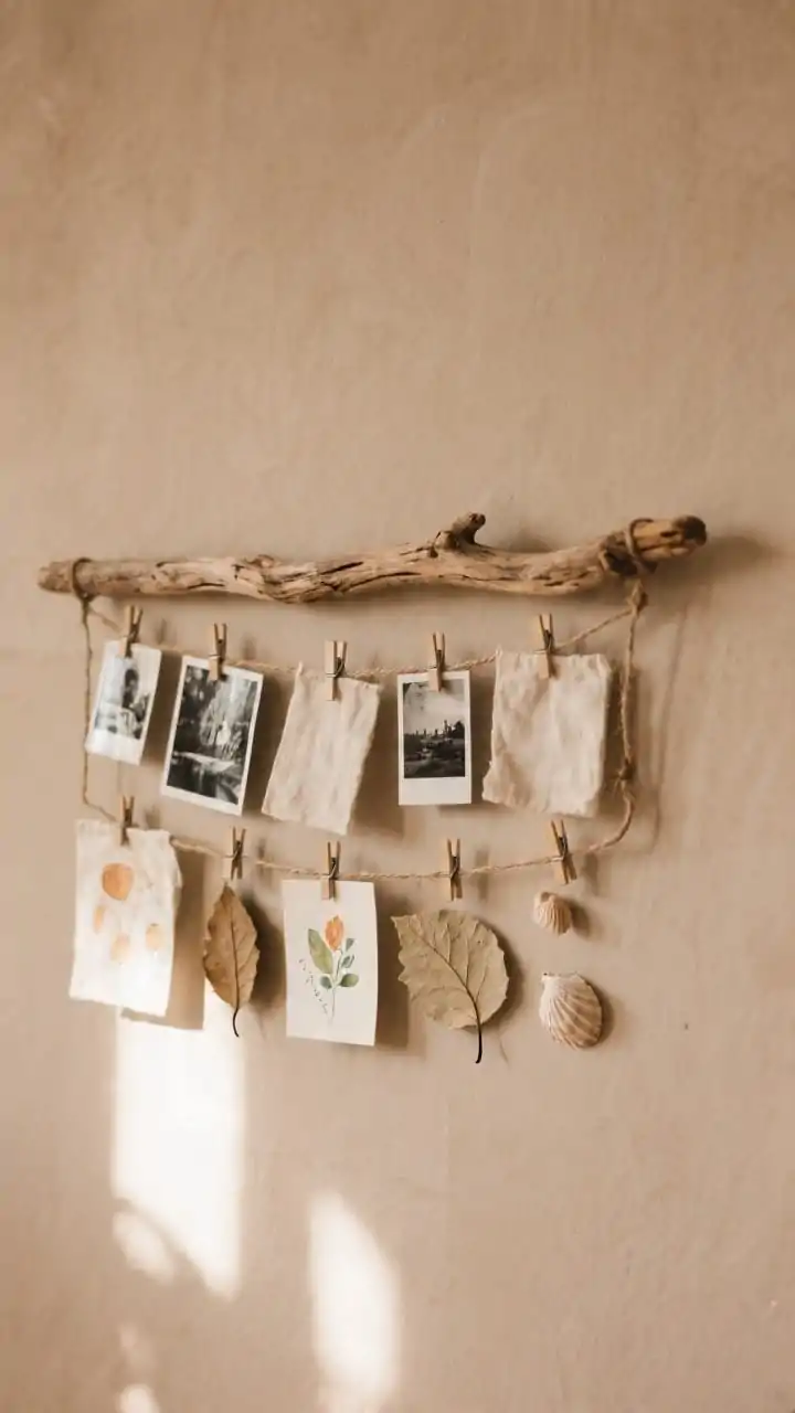 Detail shot, straight-on: A slim driftwood branch mounted as a photo ledge with small eye hooks and twine lines holding linen clips. Clips display a mix of black-and-white and warm-toned photos, tiny watercolor prints, postcards, pressed leaves, and a few small shells for dimension. Neutral clay-toned wall, subtle afternoon light casting soft shadows that emphasize texture in the wood, twine, and linen clips; no people.