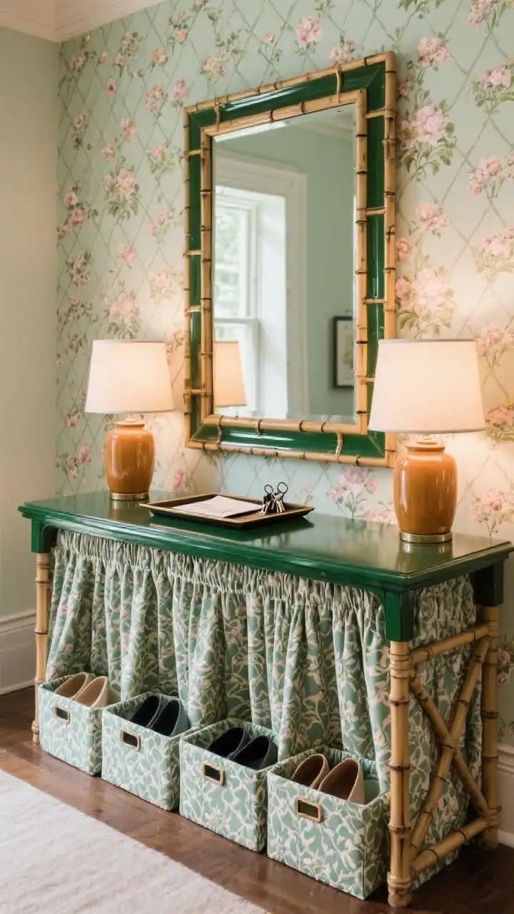 Detail shot, straight-on vignette of grandmillennial console: skirted console table in coordinating patterned fabric hiding bins and shoe racks behind pleated skirt; on top, a pair of petite ginger jar lamps softly glowing; lacquered rectangular tray neatly holding keys and mail; above, a polished bamboo mirror; background reveals floral/trellis wallpaper in soft sage and blush with glossy hunter-green trim; finishes patterned textiles, lacquer, polished bamboo; cozy heritage mood, photorealistic.