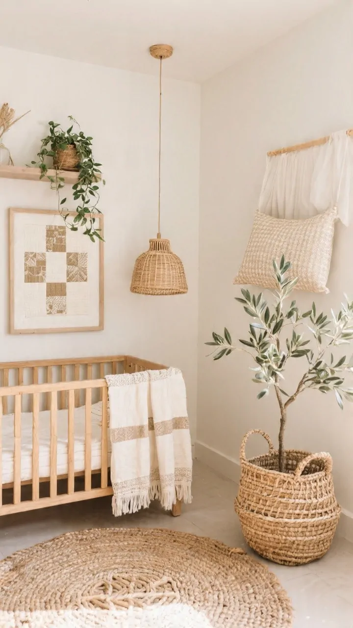 Detail shot, styled flat-lay and corner combo: Finishing touches bring cohesion two textiles per zone shown: a crib with a quilt hung as art, a canopy with a coordinating cushion, and a rug with a throw; repeated rattan elements (basket, pendant light, and a small rattan frame) tie materials together; a faux olive tree in a woven planter and a pothos placed high on a shelf add life; overall edited, breathable feel with warm natural light.