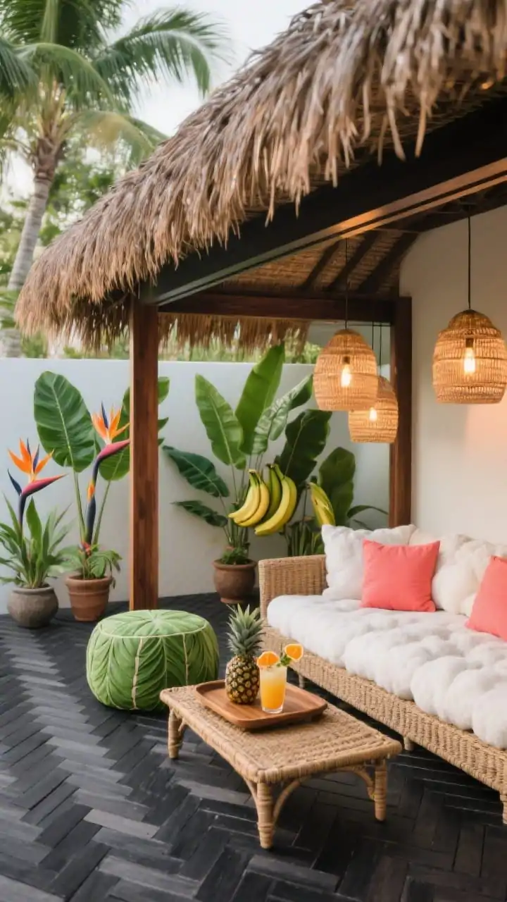 Detail shot, tropical textures: Closeup of a low-profile synthetic thatch roof edge fluttering slightly above a slim hardwood frame, captured from below at an angle; beneath it, the charcoal herringbone deck pattern in crisp focus; rattan daybed corner with cloudlike white cushions and a vibrant coral-and-banana-leaf-green pouf; a teak tray table with a pineapple mocktail and citrus garnish; background hints of monstera leaves, birds of paradise, and a potted palm trio; woven pendants overhead emitting a warm Edison glow; palette of banana leaf green, coral, sand, deep charcoal; photorealistic, no people.