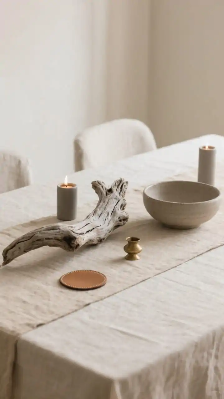 Detail, three-quarter angle of a dining table centerpiece: a single sculptural, weathered driftwood piece on a neutral sand-colored linen runner. Accompanying elements: matte ceramic candle holders with low votives and a shallow stoneware bowl placed off-center to create layered height without clutter. Balanced tones if the driftwood skews gray, include a small brass object and a camel leather coaster to warm the scene. Soft, diffused daylight, clean negative space, textures of linen, ceramic, and raw wood emphasized.