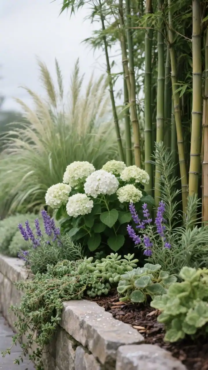 Detailed closeup of layered planting for lushness: three-depth composition with tall bamboo clumps and upright ornamental grasses in the back, middle layer of compact ‘Bobo’ hydrangea with rosemary and lavender, and front row of thyme, sedum, and trailing lobelia spilling over a raised bed edge; tight color palette of rich greens with white and purple blooms; dewy textures on leaves, mulched soil, and rough stone edging; soft overcast light for true color, shallow depth of field highlighting the layered structure