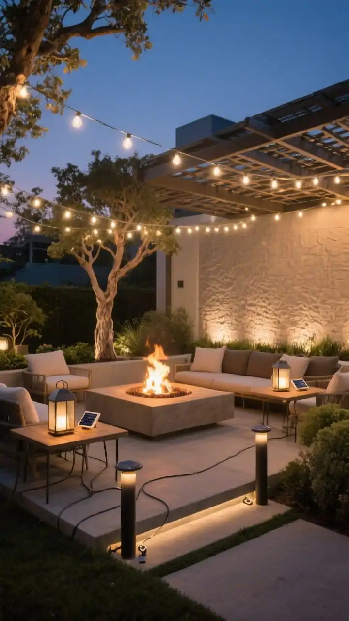 Dusk-to-night wide shot lit like a movie set: warm white cafe string lights swagged from tree to trellis overhead (2700K glow), solar lanterns and rechargeable table lamps on side tables for ambient light, a soft uplight grazing a textured garden wall and a sculptural tree for depth, low pathway bollards guiding steps around the seating and fire pit; cords neatly hidden with outdoor-rated clips; the fire remains the warm focal point without harsh glare; photorealistic, no people, cinematic vibe.
