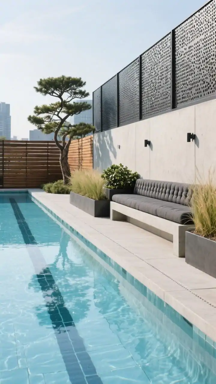 Long perspective shot along a fence, slim lap lane with urban edge: a 6–8 ft wide, elongated lap pool hugging the fence, interior finished with pale blue ceramic tile for bright, clear water. Opposite side features a continuous cast-concrete bench with channel-tufted cushions in charcoal performance fabric, punctuated by planter troughs holding upright grasses, compact bay laurels, and a single sculptural Japanese maple for drama. Material mix visible: smooth concrete, powder-coated black steel accents, and warm teak slats. A perforated metal privacy screen forms a punchy feature wall; optional swim tether hardware discreetly mounted. Crisp morning light emphasizing lines and reflections.