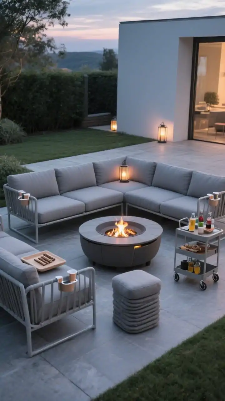 Medium-angle corner view of a modular, flexible setup: armless outdoor sectional modules forming an L around a round fire pit with a removable lid that converts it to a table; lightweight aluminum frames with quick-dry cushions in neutral gray; an ottoman doubling as a tray-topped table, stackable stools tucked nearby, and a folding rolling cart stocked with drinks and a s’mores kit; clip-on cup holders attached to armless seats; twilight lighting with soft lantern glow; photorealistic, no people.