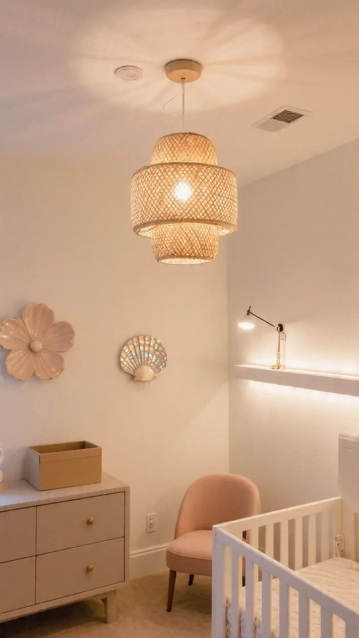 Medium ceiling-focused shot: Statement lighting in a nursery centered woven pendant with a warm glow on a dimmer; nearby a petal-inspired chandelier option boxed on a dresser, and a small capiz shell sconce reflecting soft sparkles; layered lighting includes a clip-on task light near a chair and a subtle LED strip under a floating shelf creating a night path; bulbs at 2700K–3000K give cozy ambiance; walls in warm white.