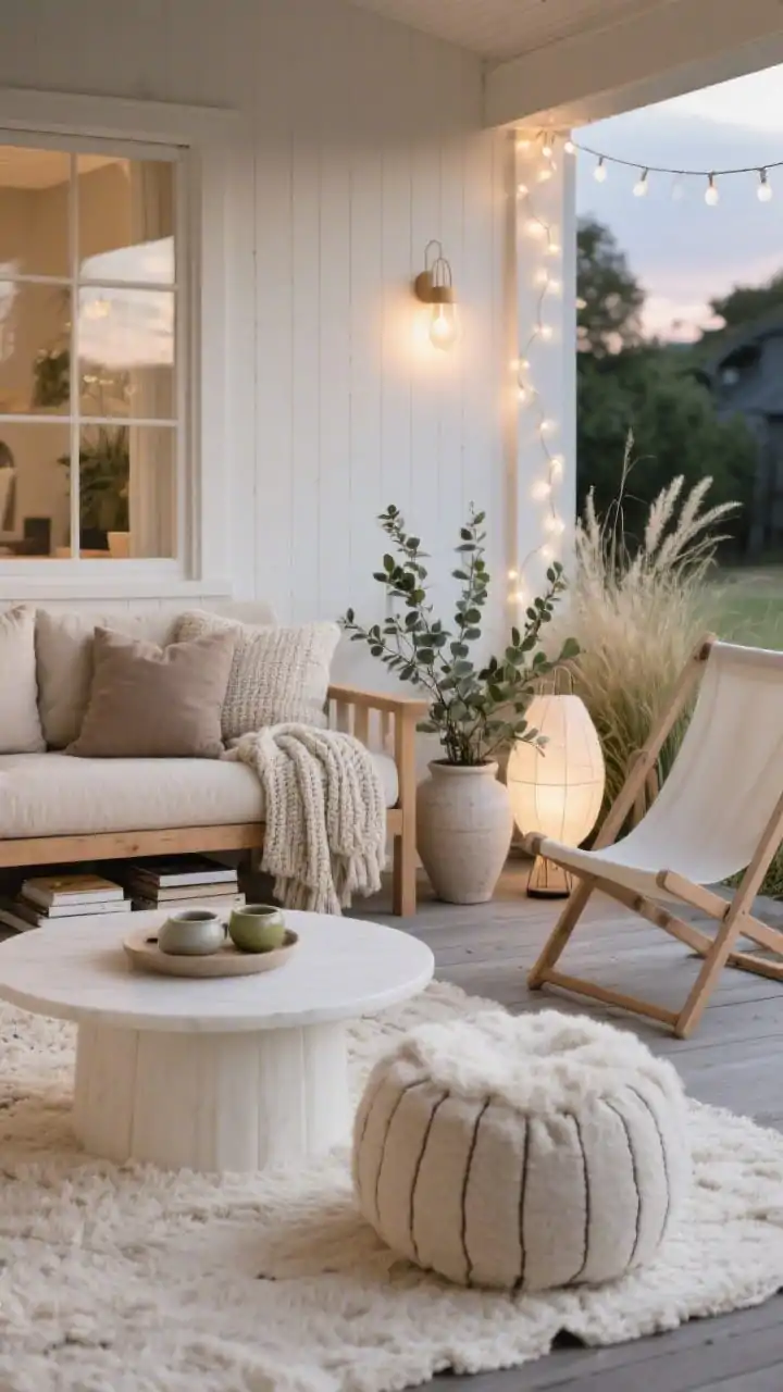 Medium closeup, Scandinavian Hygge Porch Lounge: light-wood frame sofa with oatmeal cushions paired with a round white coffee table; a shearling-look outdoor-friendly pouf and a cream-on-cream rug underfoot; chunky knit throws and pillows in taupe, putty, and soft gray; a folding canvas sling chair to the side; paper-style outdoor lanterns and warm-white string lights providing soft illumination; pale ceramic pots with olive, eucalyptus, and soft grasses; a low timber bench styled with books and a ceramic tea set; calm, cocooning mood; soft, natural evening light from a side angle.