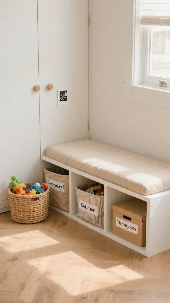 Medium corner angle: Cute closed storage solution rattan baskets and fabric bins arranged in a low white cubby that doubles as a bench with an oatmeal cushion; labeled with icon/photo tags; three zones styled: an “Everyday” bin with current toys at arm’s reach, a “Rotation” bin tucked in a closed cubby, and a lidded “Memory box” for keepsakes; warm natural wood accents, tidy floor, soft afternoon light.