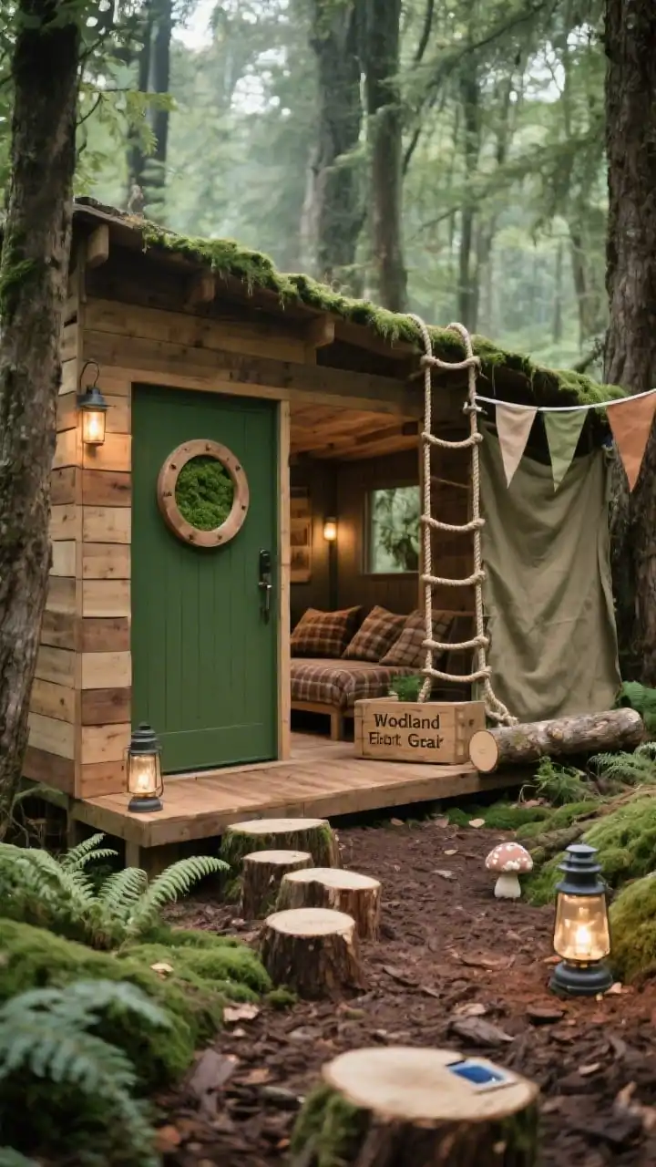 Medium, corner-angle forest setting of a “Woodland Explorer Fort Trail”: a raised wood fort tucked beneath trees, wrapped in horizontal cedar slats; a round porthole window and a deep moss green painted door; bark-mulch trail leading in, stepping stumps scattered along; a rope ladder hanging off one side, a low balance log, and canvas pennant flags in earthy tones; inside glimpses of plaid cushions and a wooden crate labeled “Field Gear”; palette of moss, bark brown, fern green, mushroom cream; lantern-style solar lights beginning to glow; filtered forest light, no people, photorealistic.