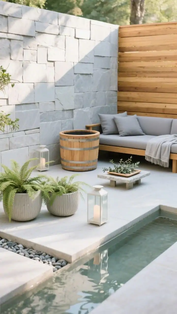 Medium corner angle, serene Scandinavian spa vibe in soft morning light: tight stack-bond pattern of pale gray limestone slabs, edges crisp; horizontal cedar privacy screen along one side in honey tone; slatted cedar daybed with heather-gray cushions and linen throws; petite outdoor sauna barrel (or cold-plunge tub) subtly included; minimalist stone side table with a tray of eucalyptus branches; ribbed planters with ferns, pebble border lining the slab edge; frosted glass lanterns; a floor-level water rill running along one slab edge creating a calm reflective strip; palette of pale gray, honey cedar, soft white, sage greens; photorealistic, quiet spa mood.