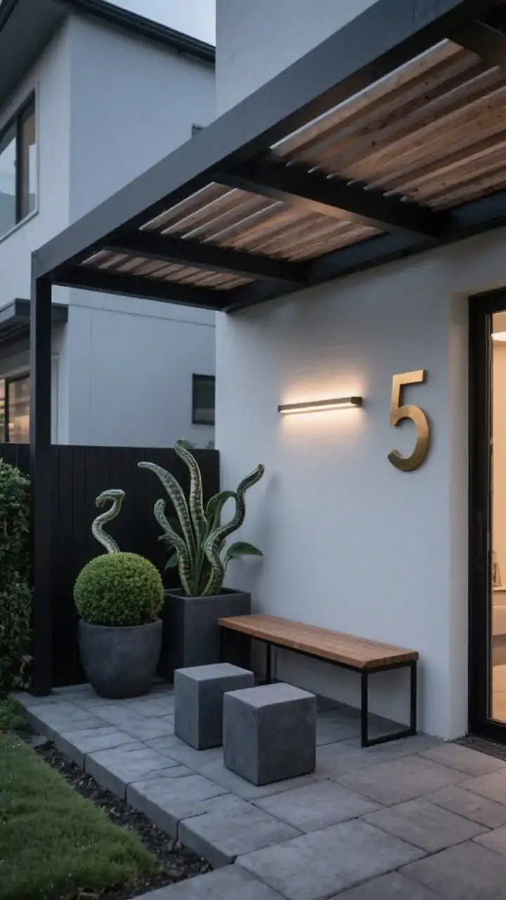 Medium corner-angle shot of a matte black steel pergola with horizontal cedar slats over charcoal concrete pavers; slimline bench with black metal legs; deep graphite planters filled with sculptural snake plants and clipped boxwood spheres; linear sconce on the facade and hidden LED strip under the slats casting sleek lines of light; two cube stools tucked neatly; a single oversized brushed brass house number on the wall; minimalist, gallery-meets-garden mood, evening glow, photorealistic.