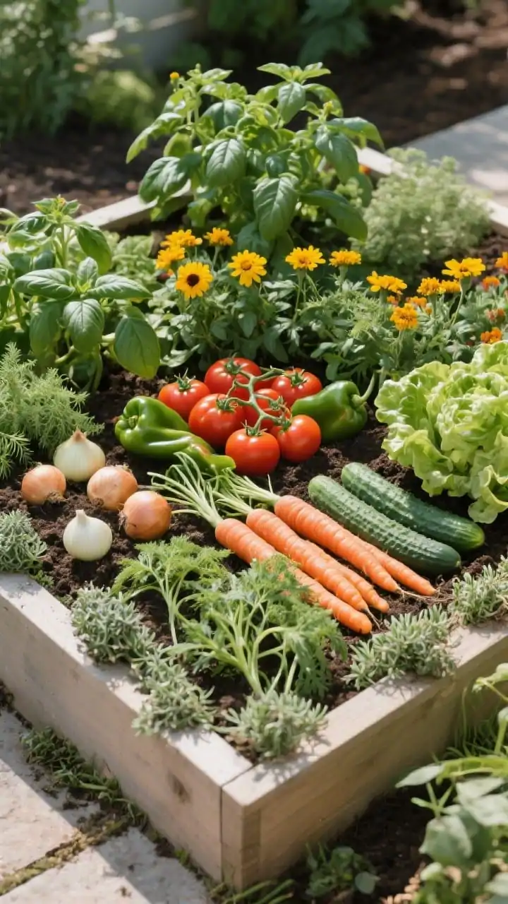 Medium corner-angle view of a lush companion-planting raised bed arranged like a mosaic: central “anchor” tomatoes and peppers, ringed by fragrant basil and bright marigolds; tidy rows of carrots interplanted with onions; cucumbers vining near a patch of feathery dill; tender lettuce nestled in tomato shade. Edge the bed with a living border of thyme and chives for a neat frame. Natural midday light, rich soil and leaf textures, slightly wild yet intentional aesthetic, no people.