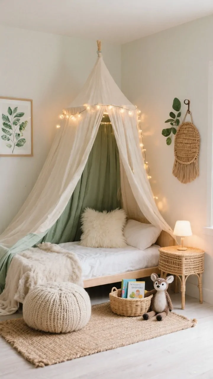 Medium corner shot: A nature nook with a lightweight canopy over a toddler bed, made of breathable muslin in sage, oat, and cream tones. Inside the canopy, warm-glow string lights create a cozy, magical ambiance. Leafy botanical prints hang nearby; rattan accents include a small rattan side table and a woven wall hook. Textures layered: a jute rug underfoot, a knit pouf in oatmeal, and a soft faux-fur pillow in cream. A low basket holds two bedtime books and a favorite plush woodland friend. Safe spacing away from lamps. Photorealistic, angled from the room’s corner to show enclosure and grounded, calming vibe.