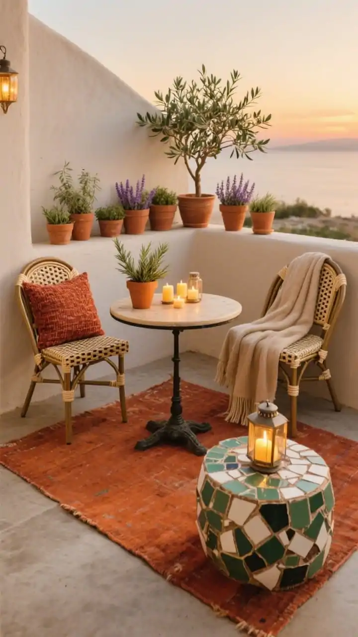 Medium corner shot of a warm Mediterranean nook on a small concrete patio layered with a terracotta-toned outdoor rug; two bistro-style chairs with woven seats flank a petite round café table; clustered terracotta pots in varied sizes hold rosemary, lavender, and a dwarf olive tree; a sandy-beige throw drapes one chair with rust pillows adding texture; a DIY mosaic side table made from broken tiles adds a handcrafted touch; lantern candles gathered on the table cast a golden evening glow; color palette: terracotta, sandy beige, olive green; photorealistic, sunset light.