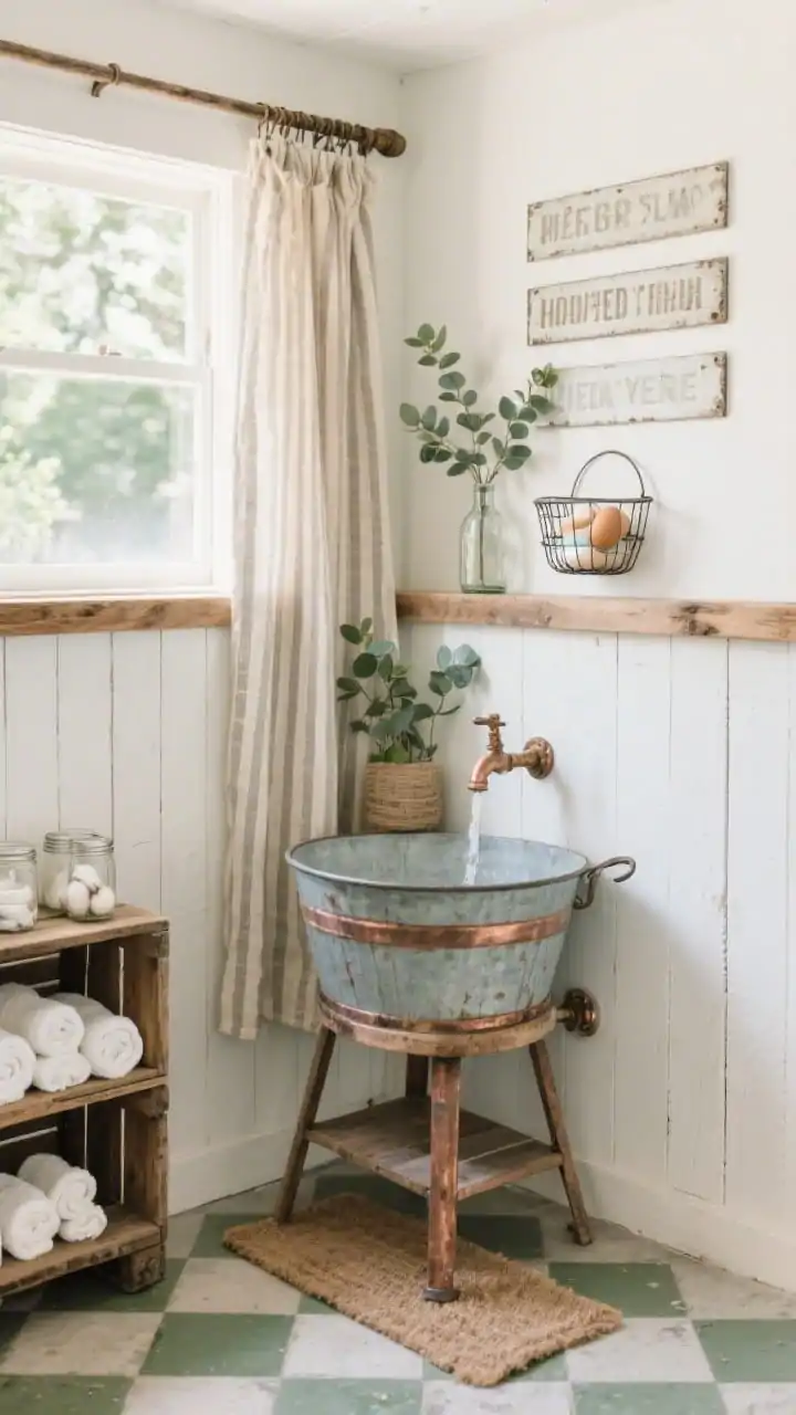 Medium corner shot, rustic farmhouse wash area: half-height enclosure of whitewashed fence boards capped with a chunky natural wood rail; a vintage washtub set on a thrifted plant stand as a basin under a cold-water spigot with exposed copper; checkerboard cement tile mat underfoot; crate shelves with rolled cotton towels and mason jars for cotton pads; enamel signs on the wall, a sprig of eucalyptus in a bottle, and a wire egg basket with soaps; a burlap or ticking-stripe privacy curtain partly drawn; palette of soft whites, aged wood, copper, and sage green touches; gentle afternoon outdoor light; photorealistic, no people.