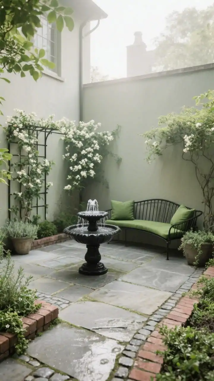 Medium courtyard scene with European feel: concrete slab overlaid with thin faux-stone paver mats or stamped with a faux cobblestone pattern; brick edging lines the border with thyme and creeping Jenny tucked between planters; a curved iron bench painted matte black with moss-green cushions faces a small tiered solar fountain; a simple trellis supports climbing jasmine creating a leafy enclosure; mood emphasizes gentle water sound and garden intimacy; color palette: moss green, stone gray, aged brick; photorealistic, soft morning light with dewy highlights.