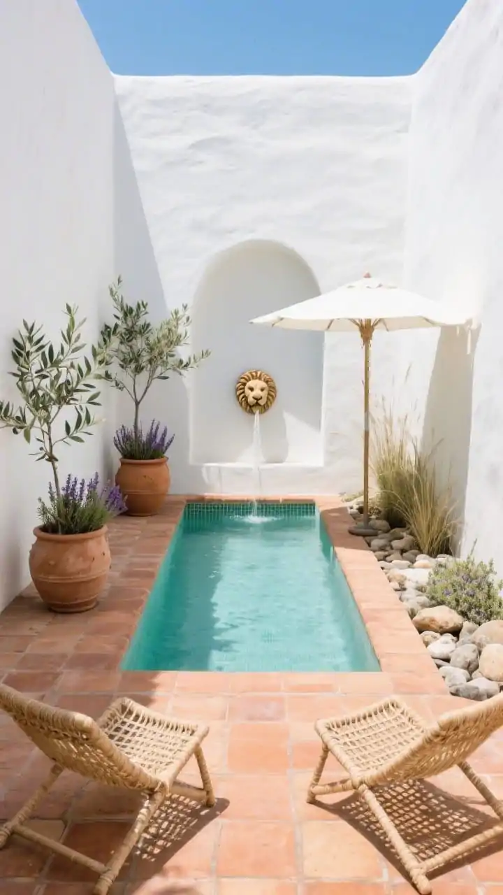 Medium courtyard view, midday sun: a small rectangular pool hugged by handmade terracotta tiles and whitewashed stucco walls; water reads sea-glass blue. At one end, a simple arched niche in the stucco houses a ceramic lion-head spout gently pouring. Large clay pots with rosemary, lavender, and young olive saplings flank the scene. A slim regeneration zone lines one side with river rocks and hardy reeds softened by creeping thyme. Include a pair of woven sling chairs and an ivory umbrella casting dappled shade. Color palette: white, terracotta, sage green, sea-glass blue. Photorealistic, bright Mediterranean courtyard vibe, crisp shadows.