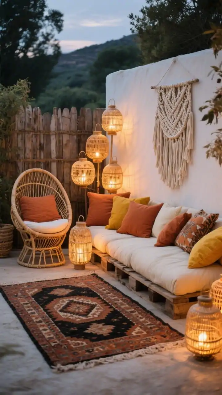 Medium, cozy boho-luxe hideaway captured from a corner: a large neutral outdoor rug with a smaller patterned kilim layered on top; a low pallet sofa piled with thick cushions faces a woven egg chair; a cluster of rattan lanterns at varying heights glows softly; mix-and-match pillows in terracotta, mustard, and cream are abundant; a macramé wall hanging decorates the fence; textures: rattan, cotton, fringe, weathered wood; color palette: terracotta, mustard, cream, soft black; photorealistic, twilight ambiance with lantern light.