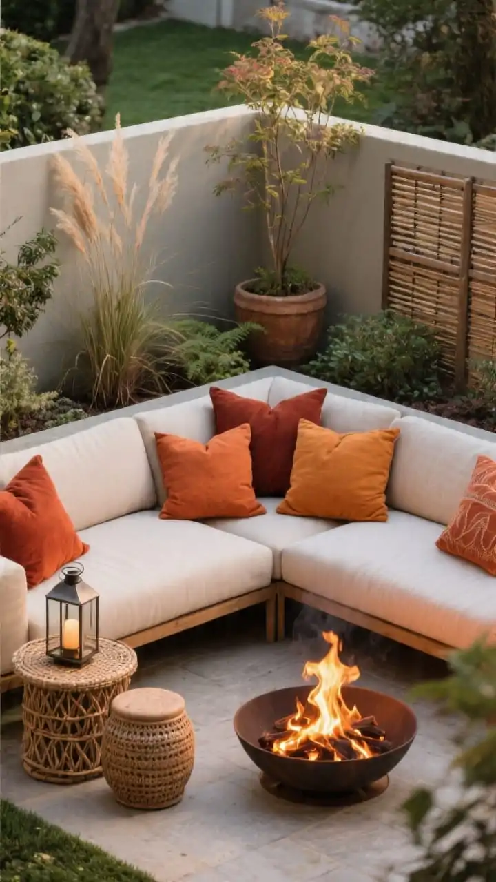 Medium cozy-corner scene with an L-shaped sectional tucked into a garden corner; fire pit angled slightly toward the longer leg of the L; pillows in warm hues rusts, ambers, and terracottas echoing the flames; a woven side table, a ceramic stool, and a metal lantern forming a texture trio; a tall planter or privacy screen on the open side to block wind; intimate, cocooned mood; corner-angle perspective.