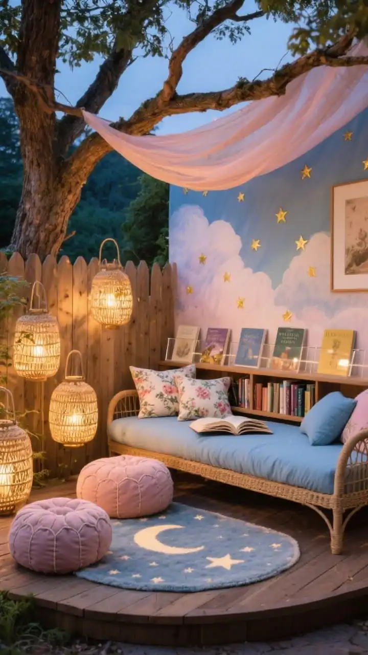 Medium cozy vignette of a storybook reading nook beneath a tree at twilight: curved cedar reading deck with a gauzy outdoor canopy draped from a branch; floor cushions in vintage floral prints and tufted poufs in dusty rose and cornflower blue; low rattan daybed with washable covers; weatherproof book ledges against the fence with acrylic fronts showcasing covers like gallery art; soft watercolor mural of clouds and tiny golden stars on the fence; woven lantern cluster emitting warm glow; plush outdoor rug with a subtle moon-and-stars motif; palette of soft pastels, honeyed wood, gold accents; tranquil, photorealistic.