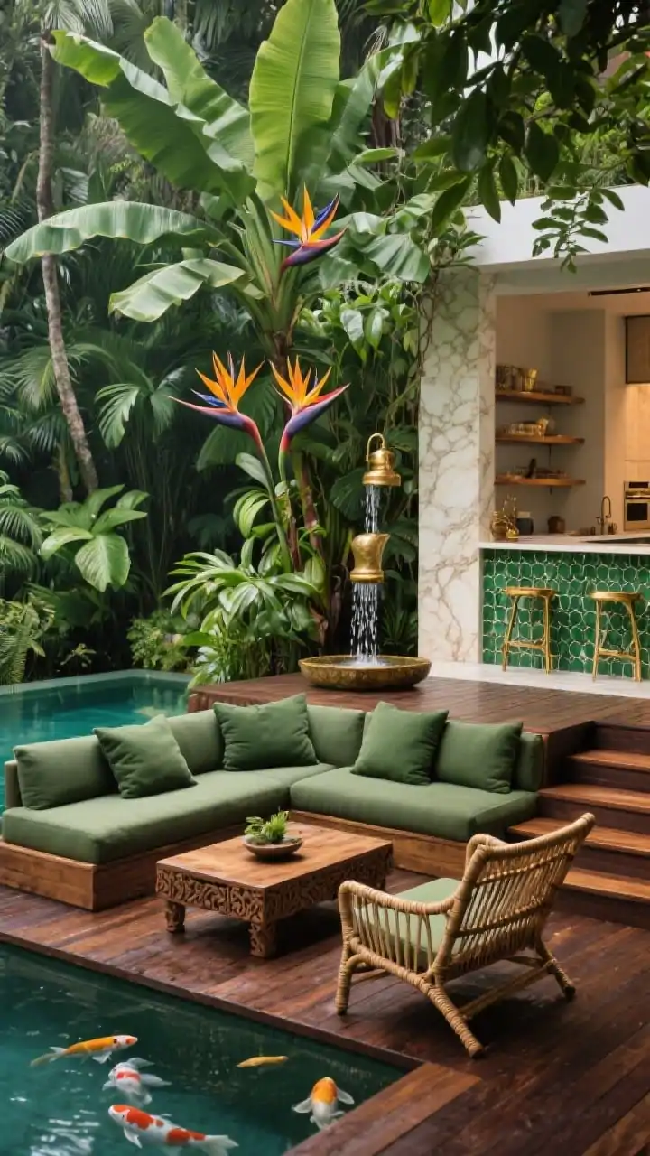 Medium deck scene in a lush tropical escape: vanishing-edge infinity pool dissolving into dense banana leaves, birds of paradise, and climbing philodendrons; dark-stained ipe deck warm underfoot; low modular outdoor sofa with deep forest-green cushions, paired with cane lounge chairs and a carved teak coffee table; near the steps, a rain-chain water feature feeding a koi basin; interior peek of kitchen with brass shelving, green zellige tile backsplash, and creamy marble veining; palette of deep greens, warm teak, brass, cream; humid, vibrant, softly dappled jungle light.
