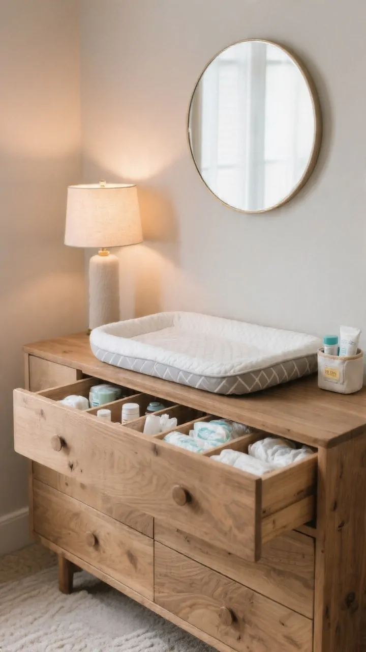 Medium dresser vignette: Functional glam changing station sturdy natural wood dresser with a removable topper holding a contoured changing pad; top drawer open showing diagonal dividers with diapers, creams, and wipes; a small grab-and-go mini caddy perched at the edge; a rounded mirror mounted above; a petite lamp with a low-watt warm bulb casting soft evening light; minimal accessories for a future-ready vanity look.