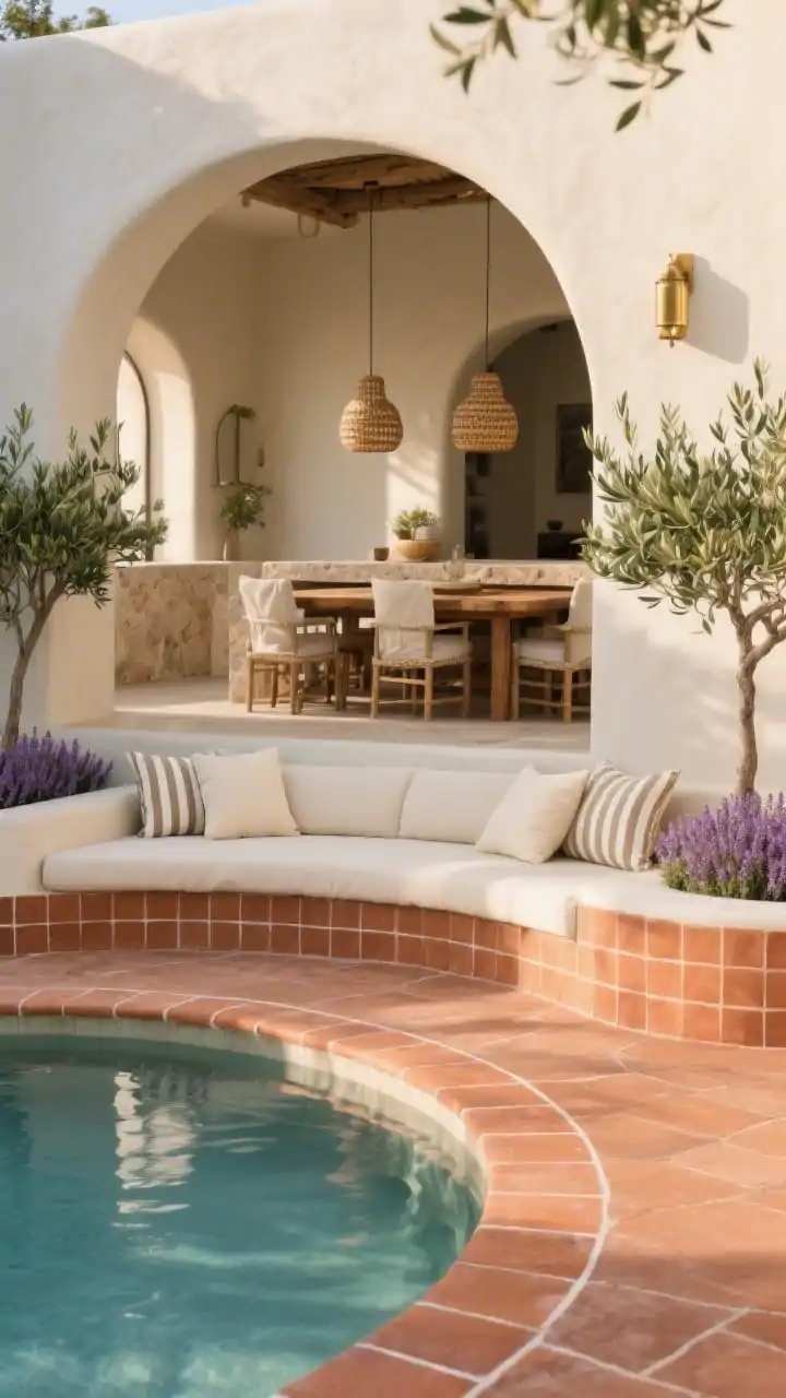 Medium exterior lounge focus: Mediterranean modern pool framed by terracotta tiles with white grout; semi-circle built-in lounge with cream cushions and striped bolsters; low olive trees and lavender borders scenting and softening the hardscape; built-in stucco daybed facing the water; interior glimpse of creamy plaster arches, rustic oak farmhouse table, slipcovered chairs, and woven pendants above a travertine island; palette terracotta, cream, olive, antique brass; late-afternoon sun with soft shadows, relaxed resort feel.