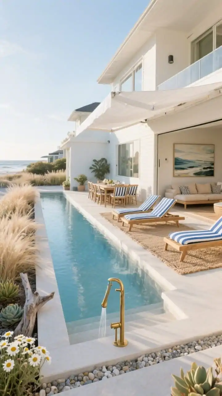 Medium exterior side-yard view of a breezy coastal modern home with a narrow saltwater lap pool running alongside the facade; borders of feather reed grass, beach daisies, and succulents swaying; teak loungers with blue-and-white striped cushions on a deck; a slatted outdoor dining set under a white canvas pergola; near the pool steps, a brass outdoor shower with a pebbled floor; interior glimpses of sandy-toned sectional, woven jute rug, and oversized coastal artwork; palette of soft blues, driftwood, white, weathered brass; late-afternoon sun, light sea-breeze mood, angled perspective from corner.