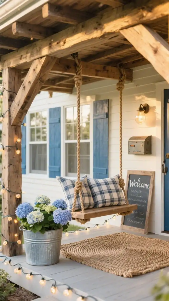 Medium frontal shot of a rustic rough-sawn cedar pergola with chunky beams and cross-bracing; a slatted porch swing hung with thick nautical rope, piled with plaid and ticking-stripe pillows; galvanized tub planter brimming with hydrangeas; braided natural-fiber rug underfoot; Edison-bulb string lights draped in gentle scallops; vintage-style mailbox mounted nearby and a chalkboard welcome sign; palette of cream, denim blue, and warm wood tones; golden late-afternoon light, photorealistic.