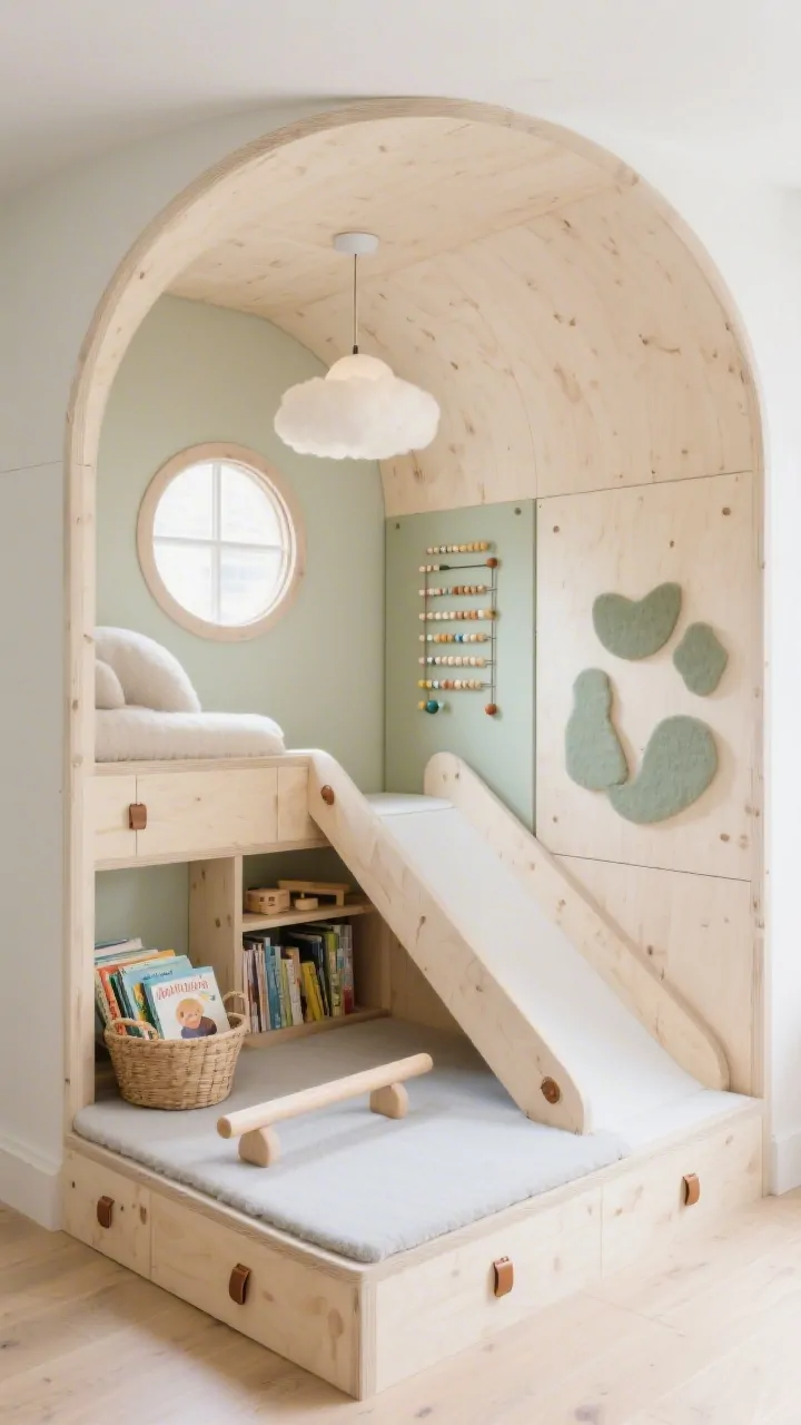 Medium interior corner shot of an indoor Montessori climb-and-slide nook: natural birch plywood frame with rounded corners, a gentle ramp/slide, and interchangeable panels including a porthole window, a bead maze, and a felt shapes board; Nordic soft palette of oat, cloud white, and sage; under-platform cozy reading den with a cloud pendant light and a basket of board books; a washable foam mat anchors the area; include a slim balance beam and a mini bookshelf; finger-jointed birch ply edges smooth and visible, with leather pull tabs on hidden toy drawers; soft diffused daylight, calm aesthetic; no people, photorealistic.