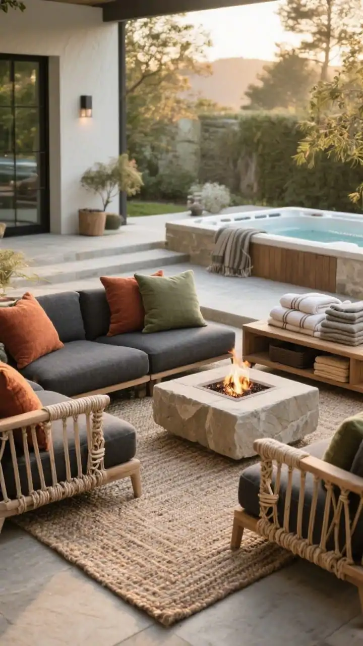 Medium lounge scene styled for all seasons: low, modular seating in performance fabric with a stone, charcoal, and sand base palette, pops of rust or sage in cushions, and bouclé-look outdoor textiles. Add woven strap accents, slatted wood elements, and an oversized flatweave polypropylene or recycled PET rug anchoring the zone. Place a storage bench near the fire pit with neatly folded throws and a tidy towel stack near the hot tub. Soft late-afternoon light. No people.
