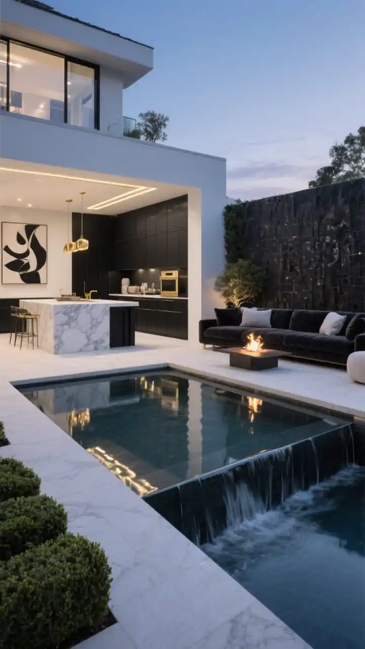 Medium-luxe terrace view at twilight: glass-edge pool cascading into a lower rill, reflecting sharply pruned architectural hedges; large-format porcelain pavers running flush from living room to terrace; in the interior frame, a calacatta marble island, lacquered black cabinetry, oversized abstract art, velvet sectional in deep charcoal, brass linear ceiling lights, and smoked mirrors; sunken conversation pit with a fire table overlooking a water wall; palette black, white, brass, deep charcoal; dramatic high-contrast lighting with gleaming reflections, straight-on symmetry.