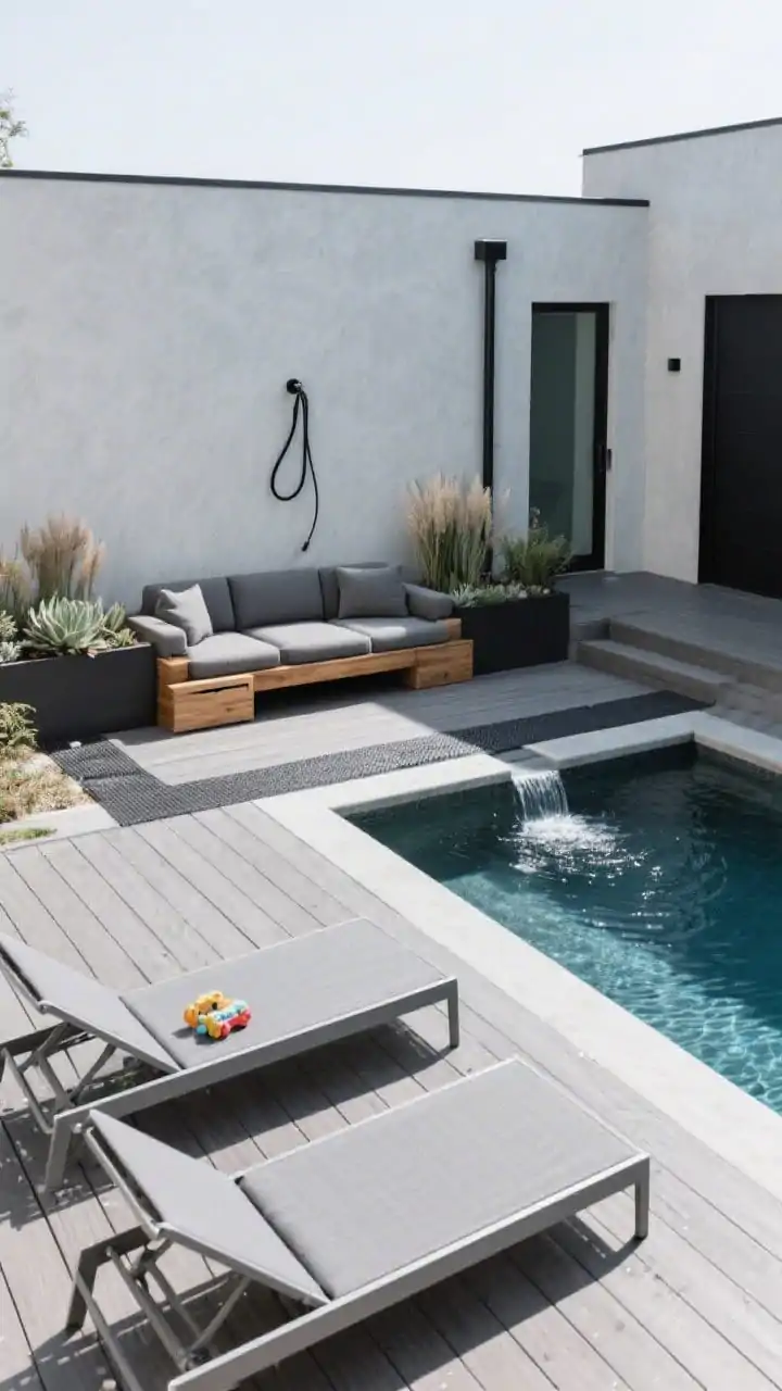 Medium, modern minimalist deck viewed from a corner angle in bright daylight: a rectangle pool bordered by charcoal composite decking and low linear planters with architectural succulents and dwarf papyrus; tight palette of graphite, chalk, and warm oak. Powder-coated aluminum loungers with slate cushions, a low-slung modular sofa in performance fabric with a hidden toy drawer slightly open, recycled rubber runners leading from pool steps to a door, nearly blending with the deck. A narrow ten-foot spillway fountain along the far edge creating fine ripples and ambient water texture; matte black wall-mounted hose on a chalk-toned wall; crisp, clean lines, photorealistic.
