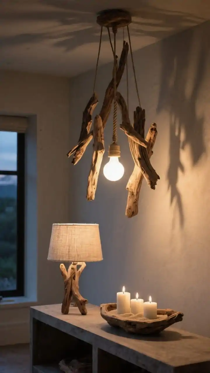 Medium, moody evening scene of ambient driftwood lighting for golden-hour glow. A pendant cluster hangs from the ceiling: several small driftwood pieces arranged organically around a simple bulb with linen-wrapped cord, casting dappled shadows. On a nearby console, a driftwood table lamp base with a textured linen shade; a shallow driftwood candle cradle holds pillar candles nestled in sand. Warm white bulbs at 2700–3000K, no blue light; palette of sand, oat, warm gray; photorealistic soft, romantic illumination.
