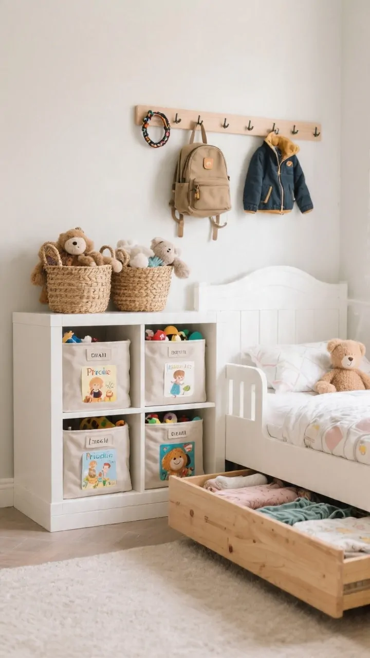 Medium organizational vignette: A white cube shelf unit with labeled fabric bins at floor level, labels featuring pictures for pre-readers; soft-close bins slightly ajar to show toys and dress-up items. Under a nearby toddler bed, shallow wood under-bed drawers partially pulled out with neatly folded spare bedding. A peg rail and wall hooks above, holding a tiny backpack, headbands, and a mini jacket. Two woven baskets overflowing with stuffed animals add cozy texture. Safety-conscious layout: heavier items low, open shelves displaying a few pretty objects, closed bins taming clutter. Soft neutral walls and natural light.