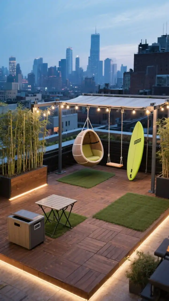 Medium overhead-angled shot, Urban Roof Terrace Swing Lab: interlocking deck tiles in warm walnut bordered by planter boxes with tall bamboo for privacy; a compact steel swing gantry anchored to structural points holding a drop-shaped cocoon swing, a belt swing, and a mini surfboard swing for side-to-side motion; padded turf insets beneath each swing bay; folding cafe table and a storage bench with weatherproof bins; retractable awning partially extended; string lights and strip LED under-rail lighting ready for evening glow; palette of walnut, charcoal, citrus lime, and sky blue; cityscape backdrop, photorealistic.