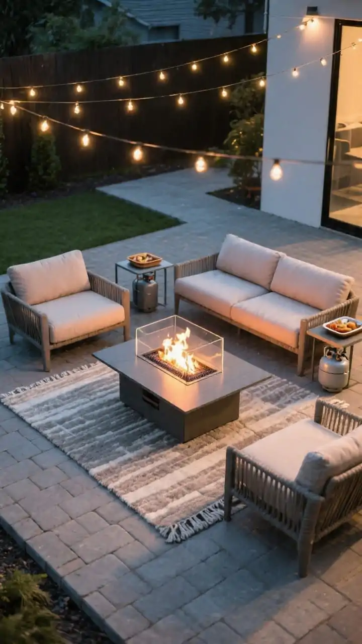 Medium overhead three-quarter view of a stylish patio with a gas fire table: rectangular propane gas fire table centered on a concrete paver patio, deep lounge chairs and a floating L-shaped sectional around it; an outdoor rug in neutral tones made of polypropylene or recycled PET grounding the area; a glass wind guard around the flame; a sleek side table concealing a propane tank; a tray set on the fire table cover nearby for snacks; dimmable string lights overhead creating balanced evening illumination, no people
