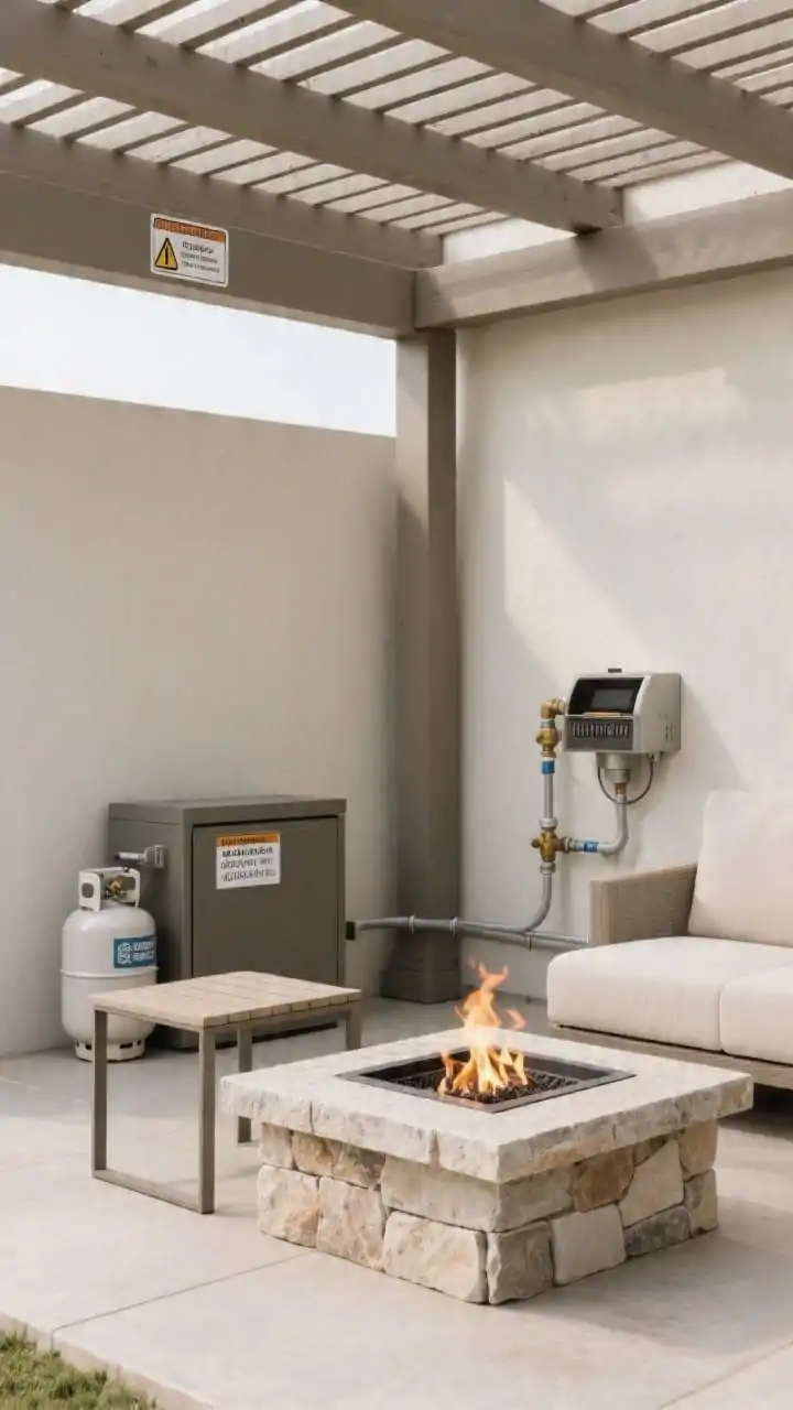 Medium, practical setup comparison for fuel: a propane gas fire pit on a non-combustible stone surface, the matching side table discreetly hiding the propane tank; nearby, a natural gas version is connected to a cleanly installed gas line along a wall. Include a visible adjustable valve control and a spec tag noting 40,000–65,000 BTUs. Show safe clearance under a pergola with a subtle warning placard. Neutral tones, utility meets style. Straight-on angle, photorealistic.