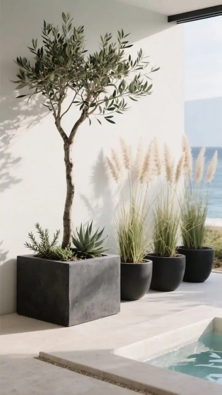 Medium, sculptural planting vignette with a tight modern palette: choose one combo and feature it prominently e.g., Modern coastal with an olive tree in a black concrete planter, rosemary, dwarf agaves, and feather reed grass clustered in threes at varied heights. Use concrete and matte black planters, keep plantings minimal near the hot tub edge for easy maintenance. Soft morning light with defined shadows. No people.