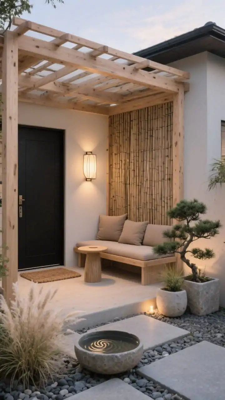 Medium, serene entry nook scene of a light ash wood pergola with bamboo privacy screens on one side; low platform bench with taupe cushions; round stone side table; neutral planters with dwarf pines and feathery grasses; pebble gray, warm sand, pale wood, and soft black accents; rice-paper-inspired sconces emitting gentle glow and ground-level path lights; ripple-textured water bowl and slate stepping stones leading to a minimal coir doormat; calm Japandi zen atmosphere, early evening, photorealistic.
