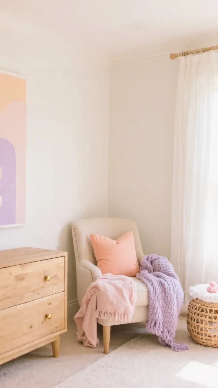 Medium shot: A baby girl room corner showcasing a soft-serve color palette blush, peach, lavender, and buttercream anchored with warm white and oatmeal; paint the ceiling the lightest buttercream tint; include a natural wood dresser with brass knobs, a blush throw on an oatmeal-upholstered chair, a peach pillow, a lavender knit blanket draped on a rattan stool; gentle diffuse daylight for a fresh, layered feel.