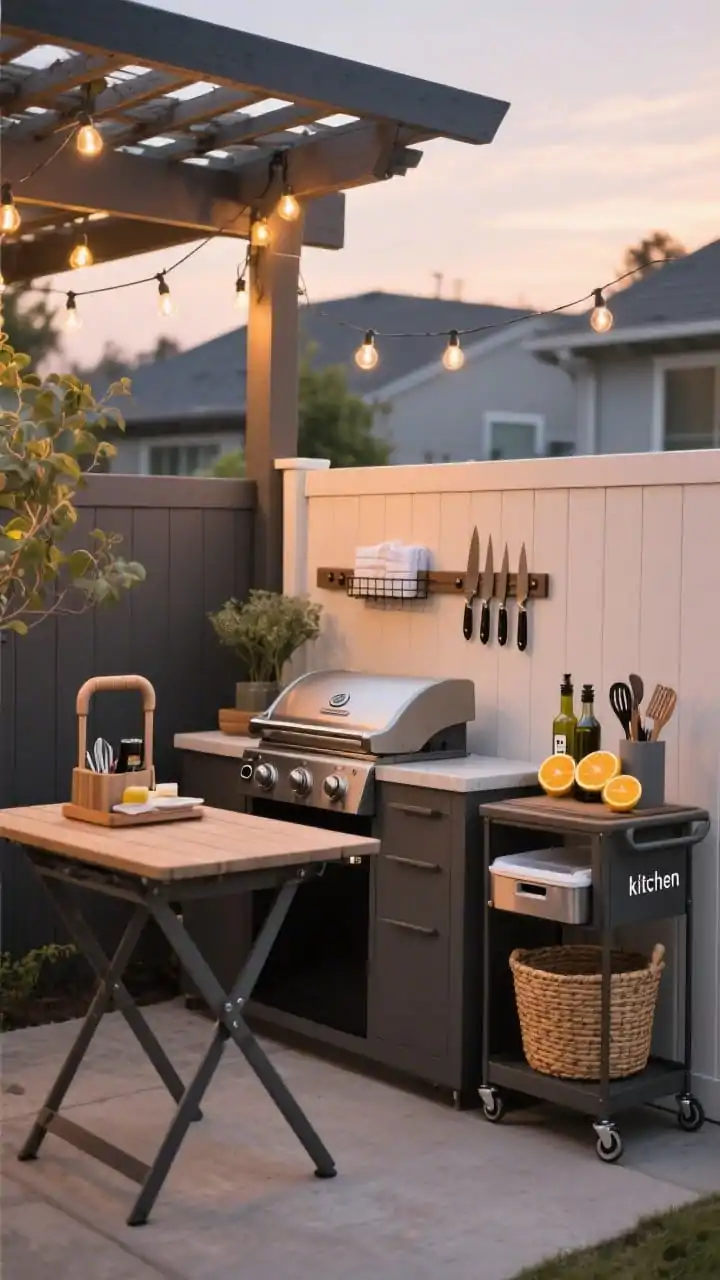 Medium shot: A compact outdoor “kitchen” corner against a fence, showing a starter-to-mid setup with a sleek compact grill, a folding prep table, and a handled caddy holding utensils, oils, and napkins; a rolling bar cart with a built-in cooler drawer sits nearby with citrus slices visible; a magnetic knife strip mounted on the fence; string lights beginning to glow overhead hinting at a future pergola vibe; include a woven big-basket cooler as a dedicated drink station; warm dusk lighting, no people, photorealistic.