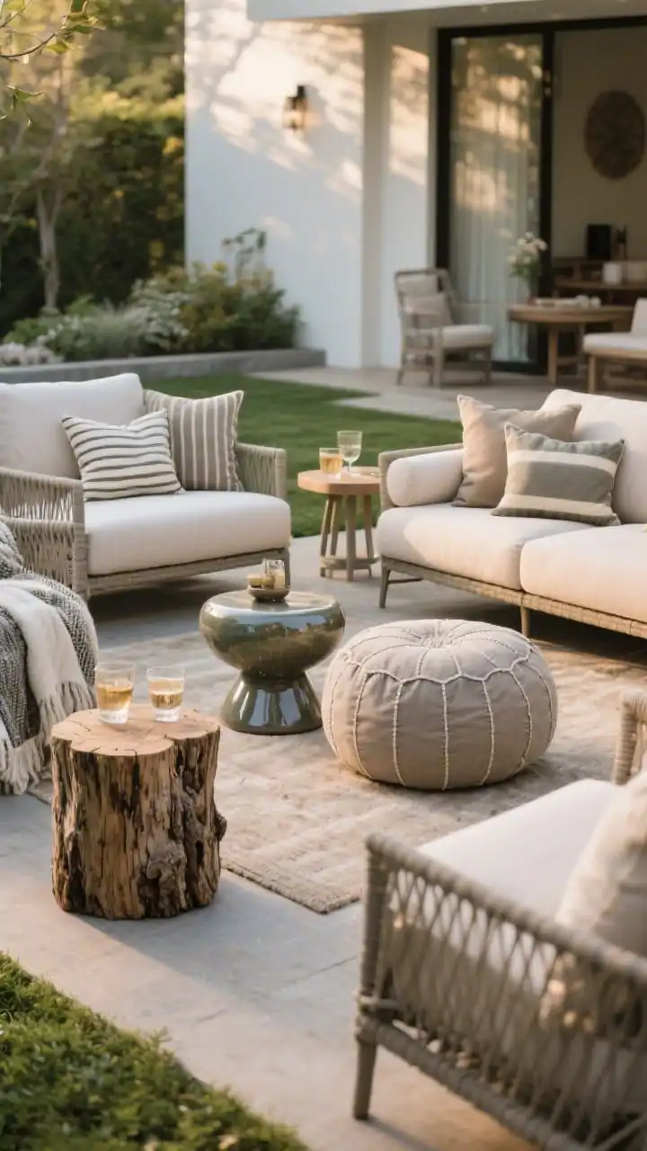 Medium shot: A cozy outdoor seating vignette styled like an indoor living room, featuring deep-cushion lounge chairs mixed with a small loveseat for a collected look (not matchy-matchy), layered with UV-resistant pillows and a chunky outdoor throw; a movable ottoman/pouf doubles as footrest and extra seat; tree-stump stool and a glossy ceramic garden seat serve as side tables for drinks; soft late-afternoon light, materials look weatherproof, no people, photorealistic.