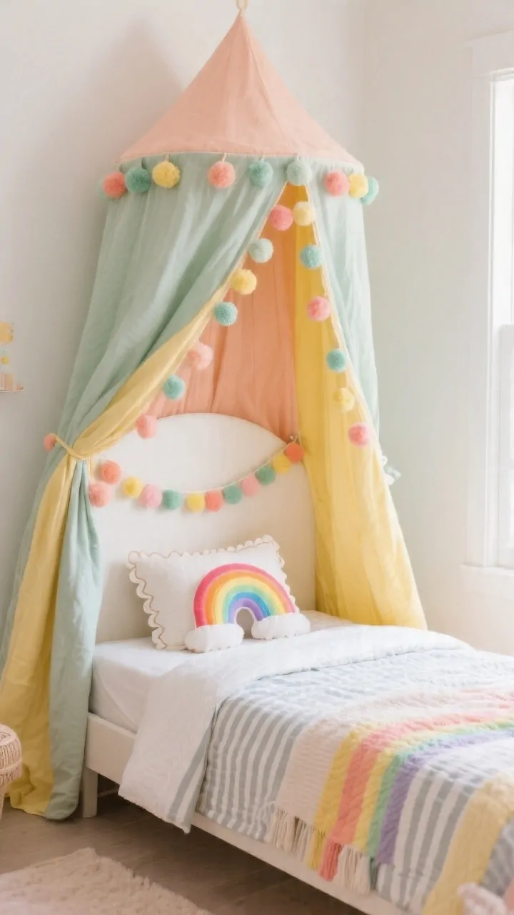 Medium shot: A soft rainbow canopy with playful pom poms lightly trimming the edge, in a muted palette of dusty peach, sage, and butter yellow, draped over a toddler bed; supporting decor kept gentle one rainbow pillow, a scalloped throw, and a minimal garland around the headboard; striped fitted sheet peeking from under the quilt for a chic touch; bright but soft daylight; mood: whimsical, colorful without chaos; photorealistic, no people.