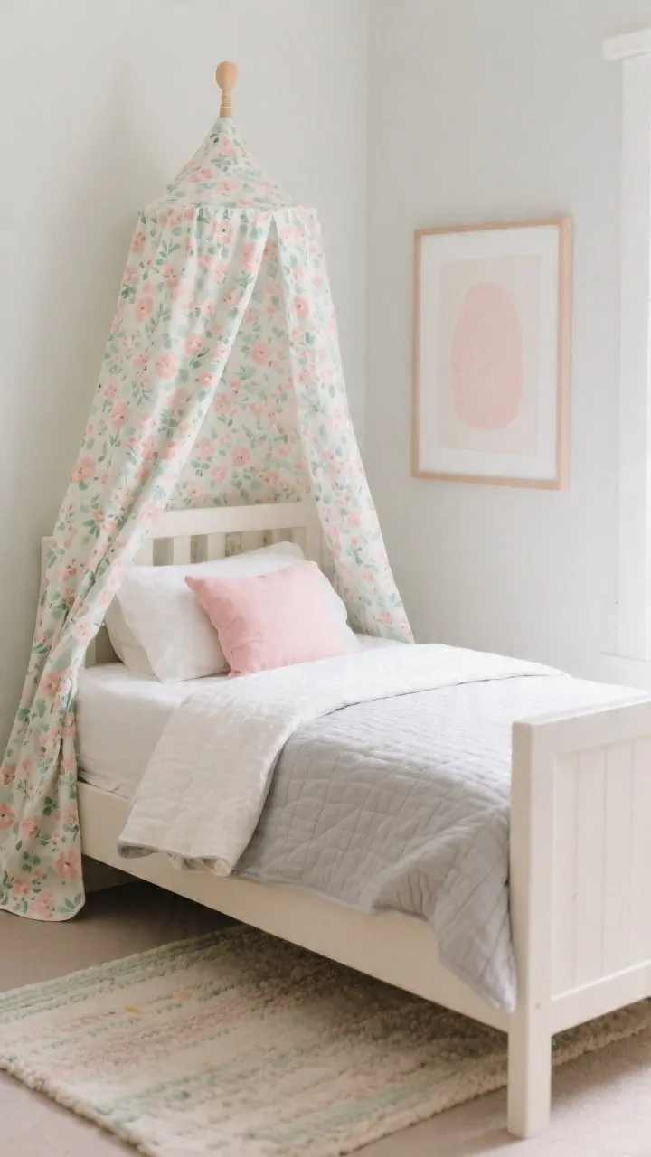 Medium shot: A toddler bed with a bold patterned canopy as the star micro floral or ditsy print fabric in watercolor blush and soft sage draped from a compact frame, while the bedding remains calm and neutral: cream quilt, soft gray sheets, and a single blush throw pillow; one color from the canopy echoed in a simple wall art piece and a small area rug for cohesion; soft, diffused daylight; mood: styled yet quiet, personality-forward without clutter; photorealistic, no people.