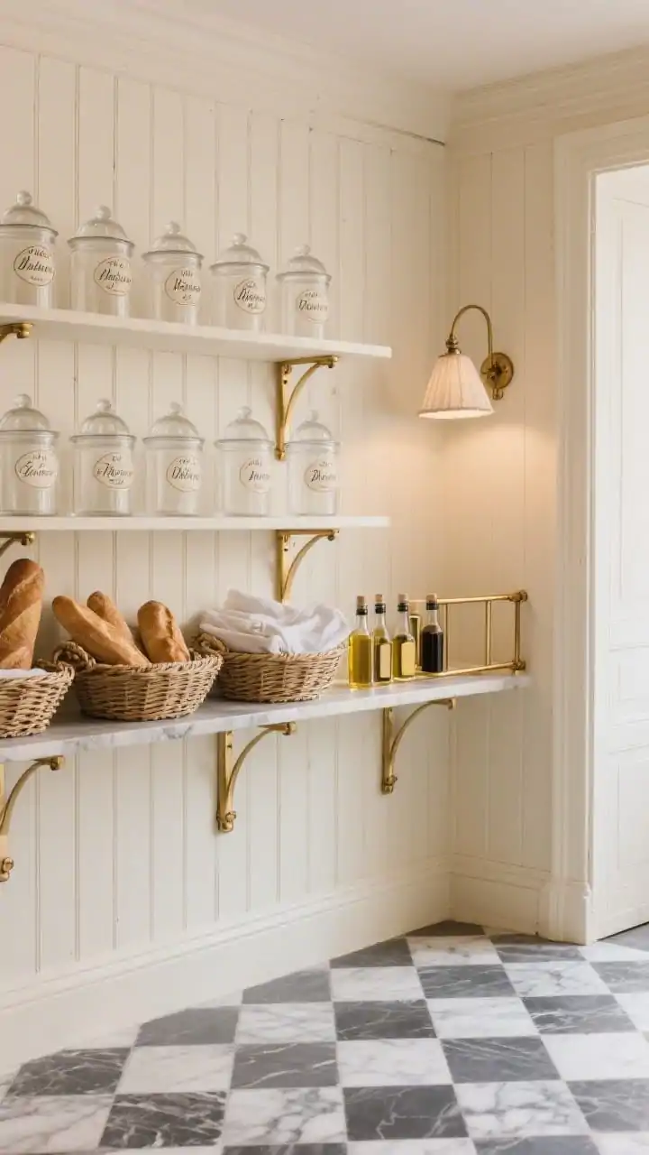 Medium shot, angled view: Parisian market pantry with cream paneled walls, brass hardware, and checkered marble tile flooring; paneled shelves holding apothecary-style glass jars with domed lids and elegant script labels on tiered risers for a merchant display; French-style rope baskets with baguettes and linens; a small brass-railed ledge showcasing oils and vinegars; a petite sconce with a linen shade casting warm light; color palette of cream, brass, and soft charcoal; photorealistic.